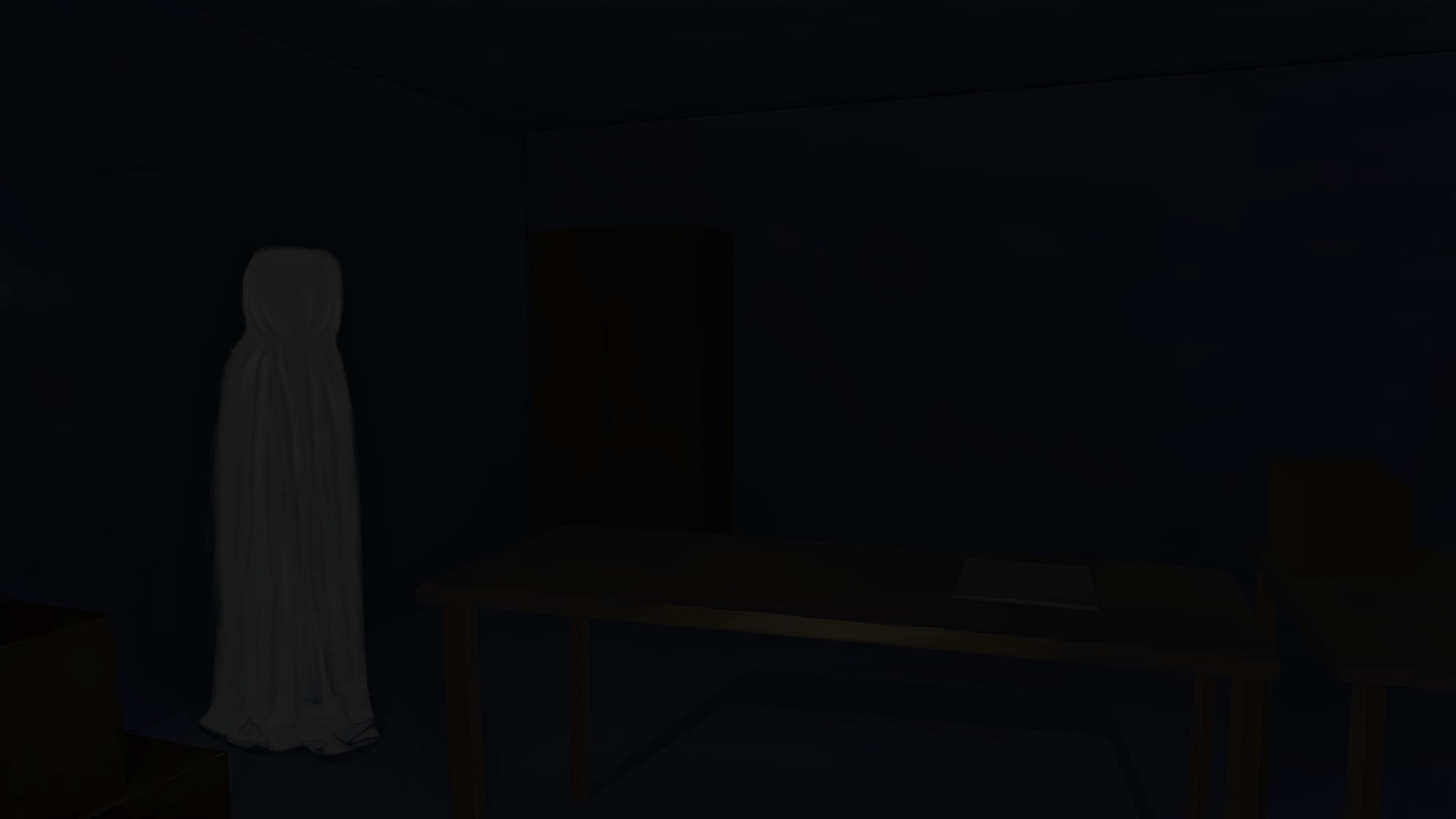 There is a dark room. A lamp is covered in a cloth, but it looks more like someone is underneath it.