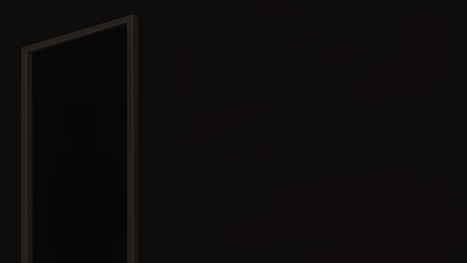 A thin shadow figure stands in a doorway of a dark room.
